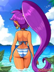 1girls ass back_view backboob beach big_ass bikini bikini_bottom bikini_top breasts clothing dark-skinned_female earrings fat_ass female from_behind genie legs medium_breasts partially_submerged pointy_ears ponytail purple_hair sarukaiwolf shantae shantae_(character) smaller_female solo striped_bikini thick_thighs thighs voluptuous walking water wide_hips