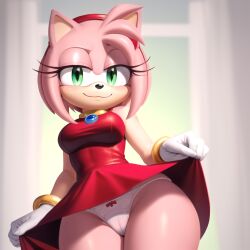 ai_generated amy_rose dress_lift female kitsuke looking_at_viewer panties pink_hair smile sonic_(series) sonic_the_hedgehog_(series) stable_diffusion underwear white_panties