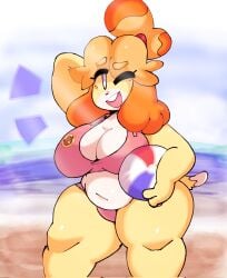 1girls alternate_body_type animal_crossing anthro armpits big_breasts breasts canid canine canis chubby chubby_female cleavage clothing dork_boi female fur furry furry_only hi_res isabelle_(animal_crossing) lewd_dorky navel nintendo one_eye_closed tail thick_thighs wide_hips