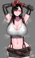 1girls armpits arms_up black_hair cleavage crop_top final_fantasy final_fantasy_vii gloves huge_breasts large_breasts looking_at_viewer naughty_face navel short_skirt simple_background smile solo suspenders sweat sweating sweaty_body thick_thighs tifa_lockhart tight_clothing wide_hips wolffeld_price