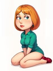 1girls 2023 ai_generated bottomless bottomless_female bottomless_footwear earrings family_guy female female_only green_eyes green_shirt half-dressed lois_griffin red_shoes short_hair white_background