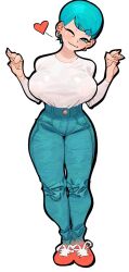 1girls big_breasts blue_eyes blue_hair blush bulma bulma_(dragon_ball) bulma_briefs dragon_ball female female_only heart legs_together looking_at_viewer mature mature_female milf narrowed_eyes smiling smiling_at_viewer solo white_background wink winking_at_viewer zillionaire