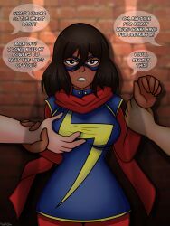 1girls 2boys annoyed annoyed_expression annoyed_face arm_grab breast_grab breast_squeeze brown_eyes brown_hair brown_skin comic costume groping group hyoreisan imminent_rape kamala_khan marvel marvel_comics mask masked masked_female ms._marvel ms._marvel_(kamala_khan) muslim muslim_female pakistani pakistani_female scarf speech_bubble wall