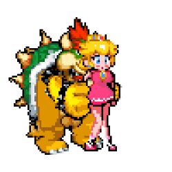 1boy 1girls animated blush bowser clothed clothing doggy_style female from_behind held_up interspecies male mario_(series) mario_tennis nintendo pixel_art princess_peach standing tennis_uniform transparent_background