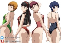 4girls alternate_costume amagi_yukiko ass atlus backless_outfit backless_swimsuit black_hair blue_hair blue_swimsuit brown_hair excaliblader female female_only green_swimsuit kujikawa_rise long_hair multiple_girls one-piece_swimsuit persona persona_4 pink_swimsuit rear_view red_swimsuit satonaka_chie shirogane_naoto short_hair sideboob tomboy twintails