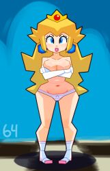 1girls big_breasts big_thighs blonde_hair blue_eyes breasts cleavage clothing covering_breasts crown curvy earrings elbow_gloves female female_only front_view gloves light-skinned_female light_skin lips lipstick long_hair looking_at_viewer low_poly mario_(series) nintendo nintendo_64 panties pink_lipstick polygon princess_peach socks solo somescrub super_mario_64 thick thick_hips thick_thighs thighs underwear white_gloves wide_hips