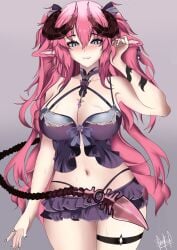 animal_ears big_breasts bikini blue_eyes breasts collar curvy curvy_female horns irelyth looking_at_viewer mini_bikini mini_skirt miniskirt pink_ears pink_hair purple_bikini sweat tail thigh_garter virtual_youtuber vtuber