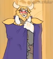 4_fingers absurd_res anthro asgore_dreemurr balls blonde_hair bottomless bovid cape cape_only caprine clothed clothing embarrassed erection erection_under_clothing fingers flustered fur genitals goat hair hi_res hiding hiding_erection horn male male_only mammal mostly_nude partially_clothed slightly_chubby solo the_mist_walker topless undertale_(series) white_body white_fur