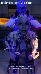 3d alien alien_girl anal_sex aria_t'loak asari asari_futanari biotic biotics choking clothed_sex comic comic_page cum_in_pussy dominant english english_text female futa_on_female futanari huge_cock liara_t'soni mass_effect submissive_female submissive_pov text vikhlop