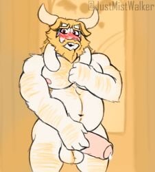 absurd_res anthro armpit_hair asgore_dreemurr ball_tuft balls barazoku blonde_hair blush blush_lines bodily_fluids body_hair bovid caprine chest_hair cum cum_drip dripping embarrassed fur genital_fluids genitals goat hair hairy hairy_arms hairy_balls happy_trail hi_res horn leaking_cum male male_only mammal pecs precum precum_drip pubes slightly_chubby solo the_mist_walker tuft undertale_(series) white_body white_fur