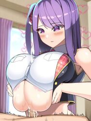 1boy 1girls big_breasts clothed_paizuri cum_through_clothes emotionless femdom heart-shaped_pupils huge_breasts light-skinned_female light-skinned_male light_skin massive_breasts no_text_version original original_character paizuri purple_hair sakidesu shizuku_(sakidesu) symbol-shaped_pupils tagme