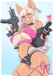 1girls belly blue_background bra bracelet bracelets breasts clothed clothing eyebrows_visible_through_hair gun heart jacket jean_shorts jewelry kajinman keymod looking_at_viewer original_character pink_hair pose rose_(zaiyuki) smile smiling smiling_at_viewer solo solo_female sweat tagme tail tan_body tan_skin tanline thick_thighs thong winking_at_viewer zaiyuki zipper