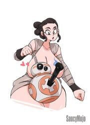 1girls astromech_droid bandages bb-8 big_breasts blush breasts_out brown_hair cleavage clothes convenient_censoring droid fire hair_bun heart huge_breasts jedi large_breasts light-skinned_female light_skin looking_down lucasfilm machine open_mouth rey robot saucymojo side_boob sidelocks simple_background standing star_wars the_force_awakens thick_thighs triple_bun watermark white_background