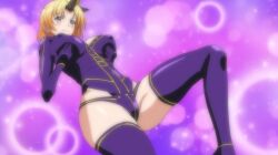 1girls accurate_art_style big_breasts blonde_hair blue_eyes bodysuit breast_grab busty cleavage dakara_boku_wa_h_ga_dekinai fukumune_iria hi_res horn large_breasts legs monster_girl ponytail screencap screenshot self_fondle smile stitched thighs voluptuous