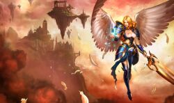 armor artist_request blonde_hair breasts holding holding_sword holding_weapon kayle league_of_legends non-web_source sword weapon wings