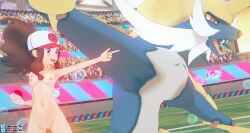 3d 3d_(artwork) blue_eyes brown_hair casual fefreak726 female hat hat_only headwear hilda_(pokemon) human koikatsu nude nude_female nudist nudity pale_skin pointing pokeball pokemon pokemon_bw ponytail public samurott small_breasts