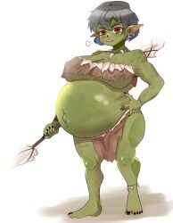 1girls belly big_belly big_breasts breasts cleavage female goblin goblin_female green_skin hand_on_hip navel_piercing outie_navel palitexx pregnant shortstack spear