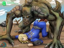 1girls 1monsters ambiguous_penetration anal anal_sex blonde_hair blue_eyes bulldog_position clothed clothed_female creature deathclaw desert doggy_style face_down_ass_up fallout fallout_(series) game_ui gameplay_mechanics gui head_down_ass_up interspecies juiceboxr34_(artist) monster monster_cock monster_sex pip-boy reptile tongue_out user_interface vault_dweller vault_girl vault_meat vault_suit video_game_mechanics video_games