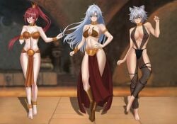 3girls a_(xenoblade) amber_eyes amenoosa belly_dancer belly_dancer_outfit blue_eyes blush cat_ears catgirl cleavage crossover_cosplay dancer dancer_outfit glimmer_(xenoblade) harem harem_girl harem_outfit large_breasts loincloth long_hair na'el_(xenoblade) oola_(cosplay) red_hair short_hair silver_hair slave slave_bikini slave_collar slave_leia_(cosplay) slave_outfit slavegirl star_wars voluptuous xenoblade_(series) xenoblade_chronicles_3 xenoblade_chronicles_3:_future_redeemed