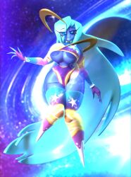 2022 3d anthro areolae big_breasts blue_eyes blue_hair boob_window bottom_heavy breasts cleavage cleavage_cutout clothing cosmic_trance female gooseworx large_breasts long_hair solo space starlane_stroll_lady thick_thighs thighhighs thin_waist underboob wide_hips