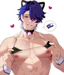 1boy abs bell_choker bell_collar cat_ears gay honkai:_star_rail honkai_(series) maemoooo male male_only man_boobs micro_bikini nipples sampo_(honkai_star_rail) smile solo solo_male