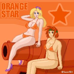 2girls advance_wars belly_button big_breasts bikini blonde_hair blue_eyes brown_eyes female hairband high_heels large_breasts logo looking_at_viewer nell_(advance_wars) nintendo pinup pixel_art posing red_hair sami_(advance_wars) sitting snorrtrx tank tanned tanned_skin