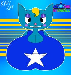 anthro big_breasts blue_fur blush breasts domestic_cat huge_breasts katy_kat looking_at_viewer meaniesturgill parappa_the_rapper seductive seductive_smile um_jammer_lammy yellow_hair