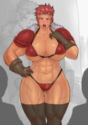 1girls 2boys bigger_female blush dark-skinned_female gloves huge_breasts kisuu mature_female muscles muscular muscular_female older_female original red_bikini red_eyes red_hair short_hair skimpy skimpy_clothes smaller_male thick_thighs thighhighs tomboy