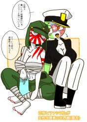 2girls bandage bandages big_breasts countryhumans countryhumans_girl fascist_italy_(countryhumans) female japanese_empire_(countryhumans) japanese_text partially_clothed simple_background sweat text 零戰