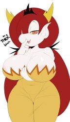 2023 a_name_for_me breasts cleavage disney english_text hair_over_one_eye hekapoo hereapathy huge_breasts long_hair long_red_hair looking_at_viewer orange_eyes red_hair star_vs_the_forces_of_evil talking_to_viewer text thick_thighs white_background