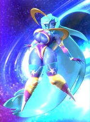 2022 3d anthro areolae big_breasts blue_eyes blue_hair boob_window bottom_heavy breasts cleavage cleavage_cutout clothing cosmic_trance female gooseworx large_breasts long_hair solo space starlane_stroll_lady thick_thighs thighhighs thin_waist underboob wide_hips