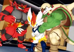 3d_(artwork) anal anal_sex anthro balls big_dom_small_sub chesnaught cinderace digital_media_(artwork) dominant generation_6_pokemon generation_7_pokemon generation_8_pokemon genitals humanoid_genitalia humanoid_penis incineroar interspecies larger_male male male/male male_only male_penetrated male_penetrating malicekira masturbation nintendo nude penetration penile penile_masturbation penis pokemon pokemon_(species) size_difference smaller_male smile sneer