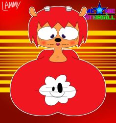 anthro big_breasts blush breasts embarrassed huge_breasts lammy_lamb meaniesturgill pink_lipstick red_hair um_jammer_lammy