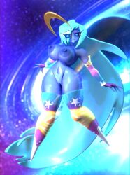 2022 3d anthro areolae bare_shoulders big_breasts blue_eyes blue_hair bottom_heavy breasts clothing cosmic_trance female functionally_nude gloves gooseworx large_breasts long_hair nude solo space starlane_stroll_lady thick_thighs thighhighs thin_waist wide_hips