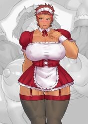 bigger_female blush blush dark-skinned_female embarrassed garter_straps kisuu large_breasts looking_at_viewer maid maid_headdress maid_uniform mature_female muscles muscular muscular_female older_female original red_eyes red_hair short_hair skimpy skimpy_clothes thick_thighs thighhighs tomboy