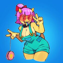 1girls 5_fingers anthro bare_shoulders brawl_stars breasts buzz_(brawl_stars) buzzette choker fangs female female_only glasses horns humanoid one_eye_closed peace_sign pink_hair rainbow_tongue ribbon scalie short_hair short_tail solo solo_female supercell tail thony_690 tongue_out wide_hips yellow_body yellow_skin yo-yo