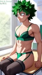 1boy ai_generated classroom deku femboy green_eyes green_hair izuku_midoriya male male_only midoriya_izuku my_hero_academia sitting_on_desk skirt solo thechronicgamer thighhighs trap white_skin