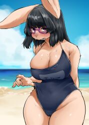 1girls 2022 absurd_res anthro beach beauty_mark big_breasts big_ears biped black_hair blush bodily_fluids breasts brown_body brown_fur camel_toe cameltoe cleavage clothed clothing eyewear female freckles front_view fur glasses hair hand_behind_back hi_res kemono lagomorph leporid long_hair looking_at_viewer mammal markings one-piece_swimsuit outside portrait purple_eyes rabbit school_swimsuit seaside sleepiness18 solo standing sweat swimsuit swimwear thick_thighs three-quarter_portrait