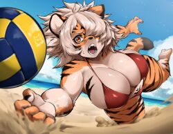 1girls 2022 absurd_res anthro beach big_breasts bikini breasts clothed clothing countershading detailed_background felid female fur hair hi_res mammal open_mouth outside pantherine sand seaside sleepiness18 solo sport swimwear tiger volleyball