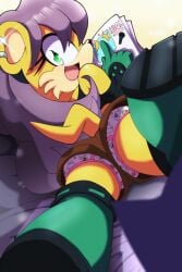 1girls anthro archie_comics bed bedroom boots childish_panties ear_piercing euf euf-dreamer female female_only fully_clothed green_eyes long_hair looking_at_viewer looking_back magazine mina_mongoose panties piercing piercings print_panties purple_hair reading sega shoes solo sonic_(series) sonic_the_hedgehog_(archie) sonic_the_hedgehog_(comics) talking_to_viewer unaware underwear upshorts yellow_body yellow_hair