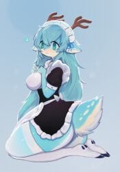 1girls 2023 5_fingers anthro antlers ass blue_background blue_body blue_eyes blue_fur blue_hair breasts brown_antlers clothed clothing deer female female_only fingers fur hair heart horn legwear long_hair looking_at_viewer maid maid_headdress maid_uniform mammal scut_tail short_tail simple_background smiling smiling_at_viewer soda_uyu solo tail thick_thighs thigh_highs thighhighs translucent translucent_clothing uniform white_bow white_clothing white_legwear white_thigh_highs white_thighhighs