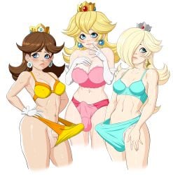 3futas balls big_penis blonde_hair bra breasts brown_hair clothed clothing crown earrings erection erection_in_panties erection_under_clothes futa_only futanari gloves human light-skinned_futanari light_skin long_hair luenartt mario_(series) medium_breasts mostly_nude multiple_futa panties penis princess_daisy princess_peach princess_rosalina simple_background small_breasts standing tenting white_background