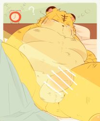 0119_muu 2023 anthro balls bed belly big_belly blush erection felid furniture genitals hi_res kemono lying male mammal moobs overweight overweight_male pantherine penis question_mark solo tiger tired