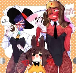 1girls 2boys animal_ears anthro bunny_ears bunnysuit countryhumans countryhumans_girl crossdressing donna_nou easter female fishnets male oc simple_background soviet_union_(countryhumans) text united_kingdom_(countryhumans)