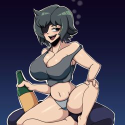 alcohol beer big_ass big_breasts chainsaw_man cleavage eyepatch female female_only himeno_(chainsaw_man) iggy-bomb mappa smile thick_thighs underwear