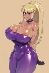 1girls ai_generated big_breasts blonde_hair blue_eyes female gravity_falls huge_breasts large_breasts latex latex_dress pacifica_northwest purple_latex rampage0118_(style) smoke600 stable_diffusion tan_body tanned tight_clothing