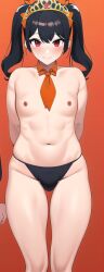 1boy ai_generated ashley_(warioware) belly_button black_hair bulge bulge_through_clothing femboy genderswap_(ftm) male male_only nipples novelai red_eyes rule_63 solo thick_thighs thong topless twintails unknown_artist warioware wide_hips witch young