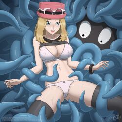 blonde_hair bra clothed clothed_sex glasses hat imminent_sex nintendo panties pokemon pokemon_(species) pokephilia restrained serena_(pokemon) stockings sweat tangela tentacle the_tentacle_professor