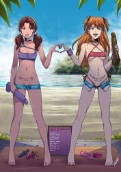 2girls :p absurdres anal_beads asuka_langley_sohryu bare_arms bare_legs bare_shoulders barefoot beach blue_sky bracelet breasts buttplug cameltoe choker cleavage covered_nipples criss-cross_halter day dildo exposed_pocket female female_only full_body hair_ornament halterneck heart heart_hands heart_hands_duo highres hikari_horaki holding holding_sex_toy huge_dildo jewel_buttplug jewelry long_hair medium_breasts menu_board micro_panties micro_shorts microskirt midriff multiple_girls nail_polish navel navel_piercing neon_genesis_evangelion nipple_piercing no_panties ocean open_fly open_mouth orange_hair outdoors panties piercing pink_toenail_polish princess_plug prostitution pubic_tattoo pussy pussy_peek red_nail_polish revealing_clothes see-through sex_toy shorts sideboob skimpy_clothes skirt sky slut_collar smile smooth_skin standing stomach tattoo tekuho tongue tongue_out tongue_piercing twintails uncensored underboob underwear_down