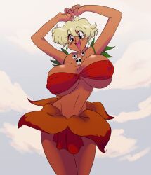 1girls big_breasts bikini blonde_hair breasts busty cleavage clothed clothing cowboy_shot curvy dark-skinned_female dark_skin earrings female goddess hair hanging_breasts huge_breasts human jungle_de_ikou leaf loincloth looking_at_viewer mammal mii_(jungle_de_ikou) necklace nipple_outline pelvic_curtaion short_hair skimpy skirt skull_necklace slb smile solo thick_thighs tribal voluptuous white_hair wide_hips